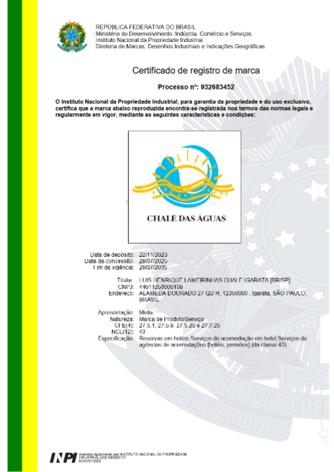 Certificado INPI nº 932.683.452 — Chalé das Águas