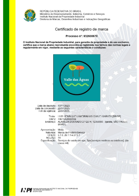 Certificado INPI nº 932.600.670 — Valle das Águas